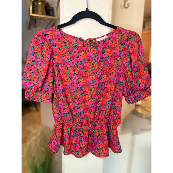 Francesca’s Mi Ami Miami Floral Open Back Puff Sleeve Peplum Blouse Small 2-6 - Picture 2 of 5